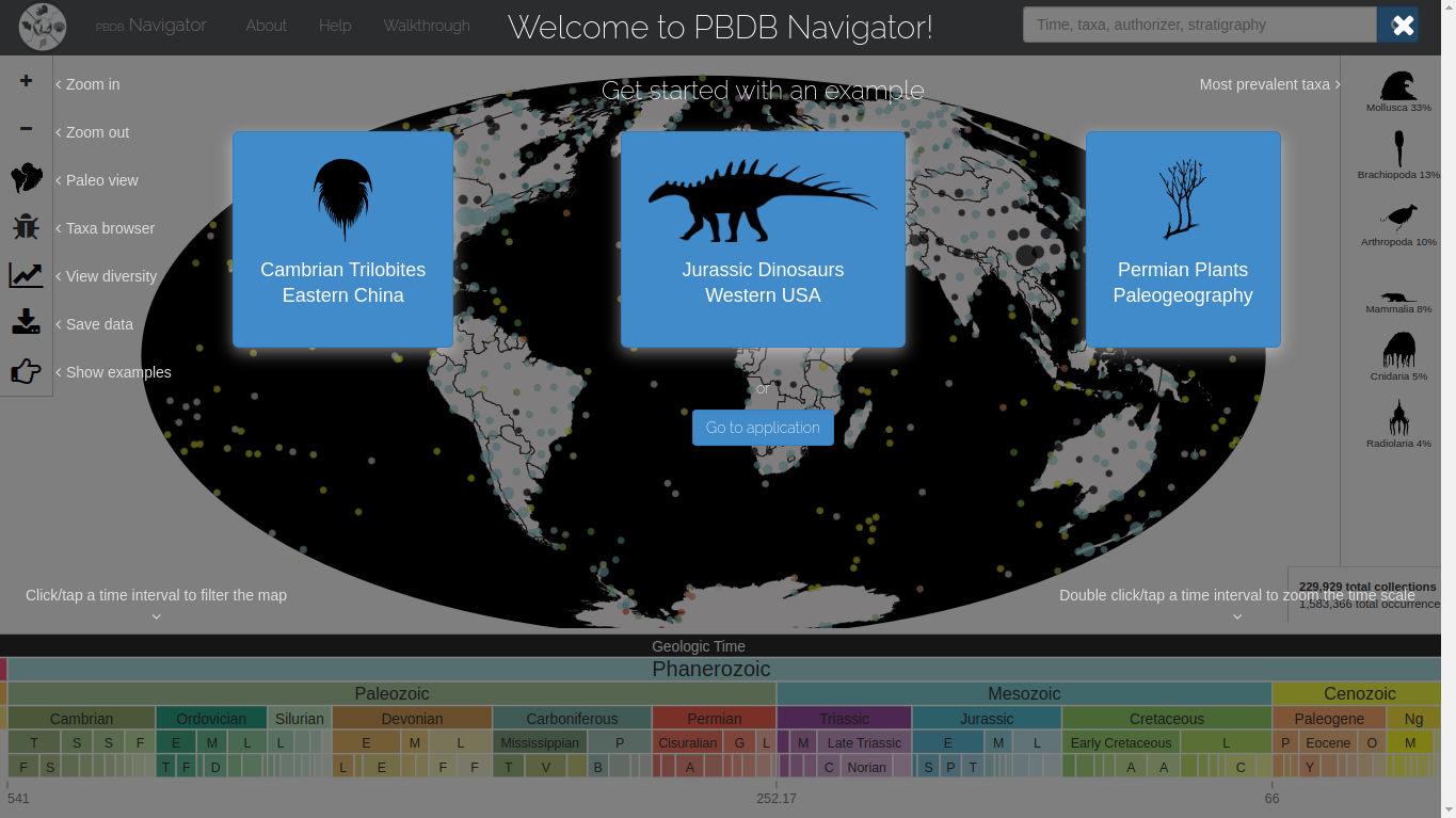 Vista de PaleoBioDB - Mapa de fósiles